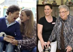 Zweiteiliges Bild: Links lacht eine junge Frau herzlich mit einem jungen Mann im Rollstuhl, beide wirken vertraut und fröhlich. Rechts unterstützt eine Pflegekraft eine ältere Frau mit Rollator, während beide lächeln.