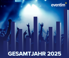 Konzertszene mit jubelndem Publikum im blauen Licht, überlagert von stilisierten Balkendiagrammen.