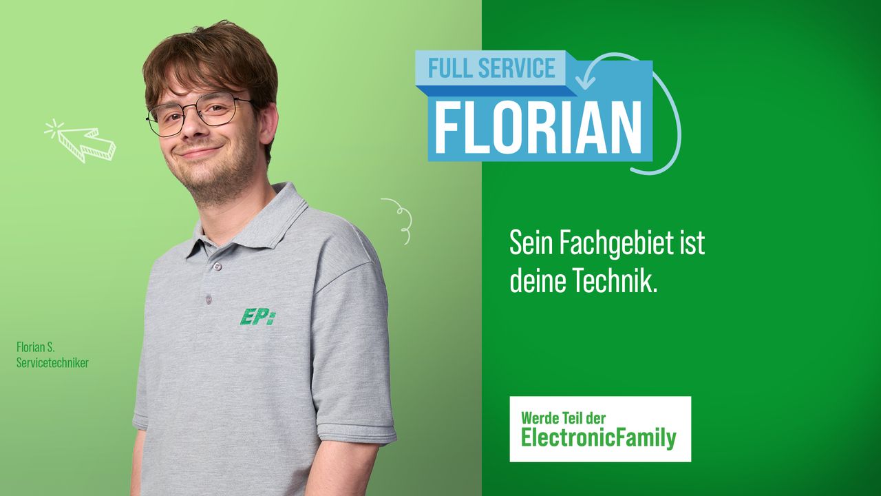 Lächelnder Mitarbeiter mit der Bezeichnung "Full Service Florian"