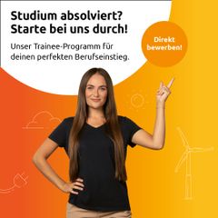 Eine Frau steht vor einem orangenen Farbverlauf mit weißen Icons
