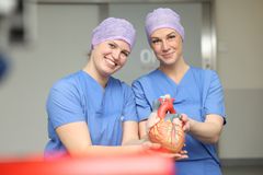 Das Bild zeigt zwei Operationstechnische Assistentinnen mit einem Plastik Herz 