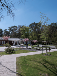 Außenansicht der Klinik mit blühenden Kirschbäumen, gepflegtem Garten und modernem Eingangsbereich in Beelitz.