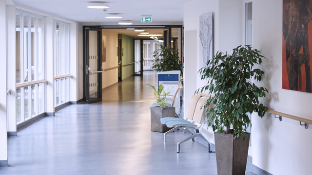 Moderner Klinikflur mit viel Tageslicht, Sitzmöglichkeiten und großen Pflanzen in der neurologischen Fachklinik Beelitz.