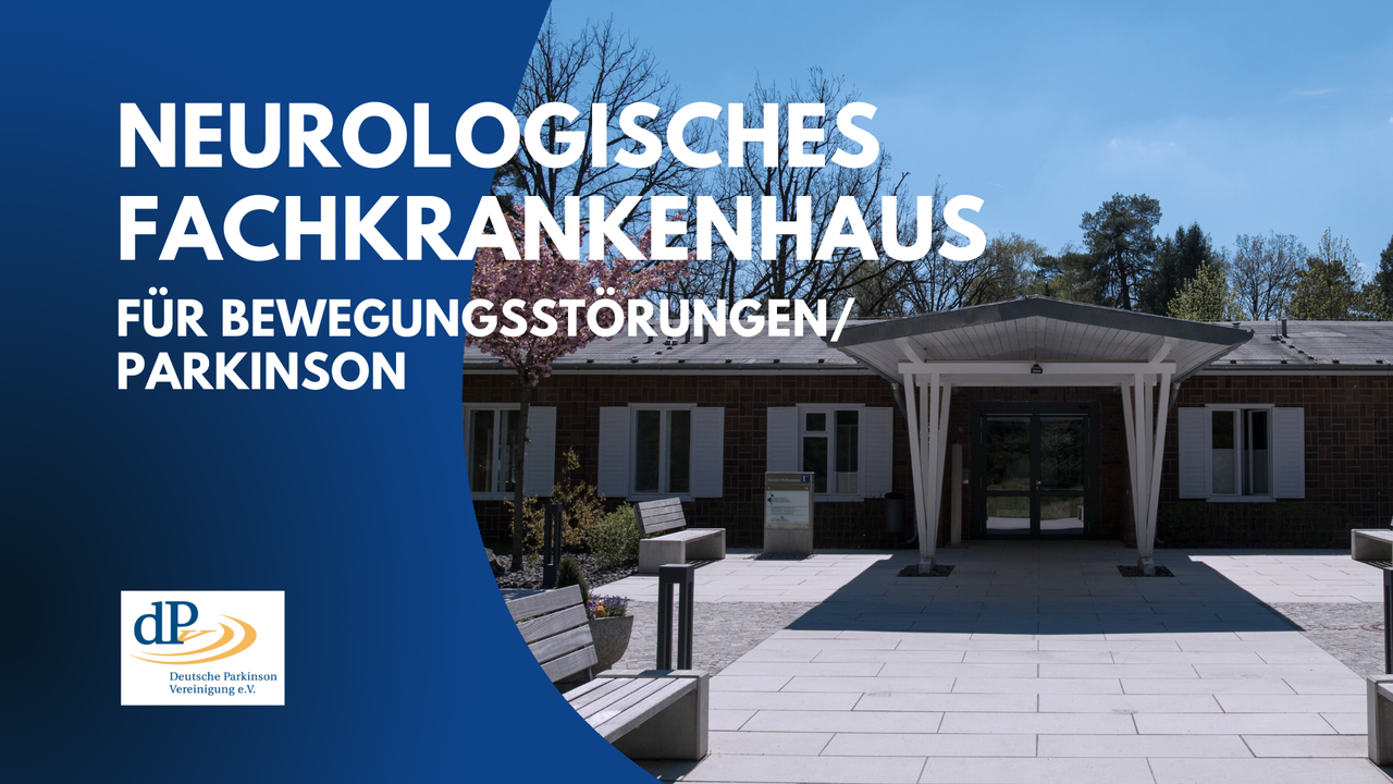 Eingangsbereich des neurologischen Fachkrankenhauses für Bewegungsstörungen und Parkinson in Beelitz mit Logo der Deutschen Parkinson Vereinigung