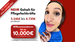 Junge Pflegefachkraft mit lustigem Nahaufnahme-Effekt, daneben Text zu Verdienstmöglichkeiten (3.441 € bis 5.249 €) und Willkommensbonus von 5.000 € in Beelitz.