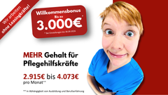 Pflegehilfskraft mit humorvoll verzerrtem Blick, daneben Text zu Monatsgehalt (2.829 € bis 3.953 €) und Willkommensbonus bis 3.000 €, Standort Beelitz.