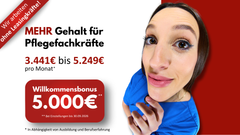 Junge Pflegefachkraft mit lustigem Nahaufnahme-Effekt, daneben Text zu Verdienstmöglichkeiten (3.441 € bis 5.249 €) und Willkommensbonus von 5.000 € in Beelitz.