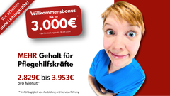 Pflegehilfskraft mit humorvoll verzerrtem Blick, daneben Text zu Monatsgehalt (2.829 € bis 3.953 €) und Willkommensbonus bis 3.000 €, Standort Beelitz.