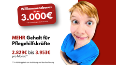 Pflegehilfskraft mit humorvoll verzerrtem Blick, daneben Text zu Monatsgehalt (2.829 € bis 3.953 €) und Willkommensbonus bis 3.000 €, Standort Beelitz.