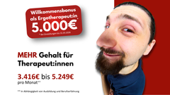 Männlicher Therapeut mit verzerrtem Porträtblick, daneben Text: MEHR Gehalt für Therapeut:innen – 3.416 € bis 5.249 € monatlich. Standort: Beelitz.