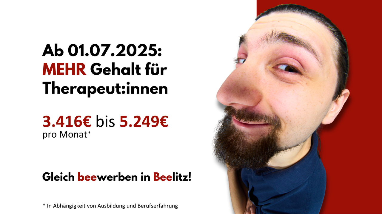 Männlicher Therapeut mit verzerrtem Porträtblick, daneben Text: MEHR Gehalt für Therapeut:innen – 3.416 € bis 5.249 € monatlich. Standort: Beelitz.