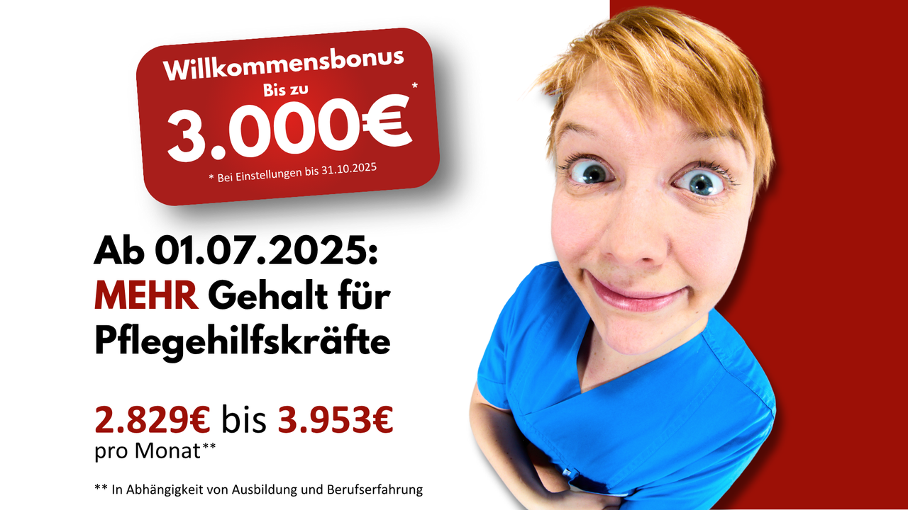Pflegehilfskraft mit humorvoll verzerrtem Blick, daneben Text zu Monatsgehalt (2.829 € bis 3.953 €) und Willkommensbonus bis 3.000 €, Standort Beelitz.
