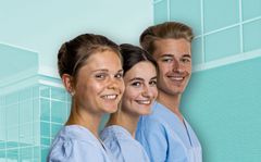Drei Personen - zwei weiblich und einer männlich. Sie stehen für den Bereich FSJ / Praktikum / PJ. Im Hintergrund ist ein Krankenhausgebäude zu sehen.