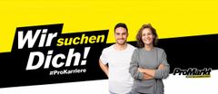 Linke Bildhälfte: Zwei Personen nebeneinander vor gelbem Hintergrund mit schwarzem Bereich und dem Schriftzug: Starte Deine Karriere! #ProAusbildung Rechte Bildhälfte (Logo): ProMarkt OUTLET SANGERHAUSEN