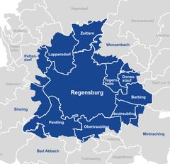 Eine Geografische Karte, welche Regensburg und die umliegenden Städte zeigt. Das Bild steht für die regionale Verwurzelung und die Einsatzgebiete 