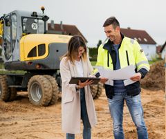 Das Bild zeigt eine Frau und einen Mann, die auf einer Baustelle stehen. Beide halten einen Plan in der Hand. Das Bild soll auf die Ausbildung zum technischen Systemplaner bei der REWAG hinweisen.