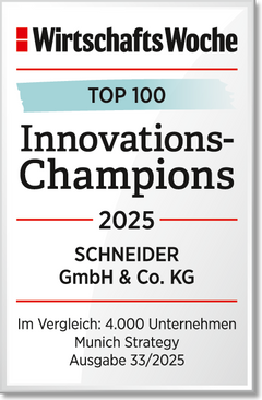 Siegelgrafik mit der Aufschrift: „WirtschaftsWoche – Top 100 Innovations-Champions 2025“. Darunter steht „SCHNEIDER GmbH & Co. KG“. Im unteren Bereich: „Im Vergleich: 4.000 Unternehmen, Munich Strategy, Ausgabe 33/2025“. Gestaltung in Grau mit roten Linien und einem türkisfarbenen Balken hinter „TOP 100“.