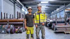 Zwei Lagermitarbeiter lächeln in die Kamera