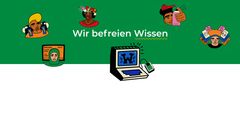 bunte Grafik, in der Mitte steht Wir befreien Wissen auf grünem Hintergrund, drumherum sind weitere Grafiken von 4 Personen und einem Computer und 