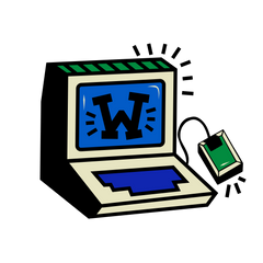 bunte Grafik von einem Computer mit dem Wikimedia W auf dem Bildschirm