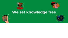 colorful graphic, on a green background it says We set knowledge free and it shows several other graphics around like a women's head or a hand holding a mobile phone with the Wikimedia W letter and a world globe